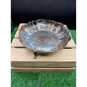 Vintage Silver Plate Footed Bowl 8.5"Scalloped Edge/Ornate Legs Patina